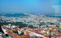 View towards Petřín Hill and Prague Castle from observatory of Zižkov TV Tower