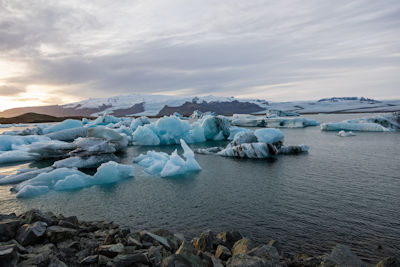 Panorama of icebergs in Jökulsárlón glacier lagoon