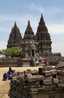 A reconstructed Pervara temple in front of the Vishnu (left) and Garuda (right) temples