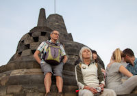 Overlooked by the central stupa: Paul & Margaret Whiteley, Emily & Jamie Searson; Julie Spooner looks on