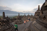 Borobudur, tourists, mist, hills