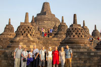 At Borobudur: Steve & Julie Spooner, Linda and Martin, Paul & Margaret Whiteley, tourist, Emily & Jamie Searson