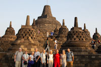 At Borobudur: Steve & Julie Spooner, Linda and Martin, Paul & Margaret Whiteley, tourist, Emily & Jamie Searson
