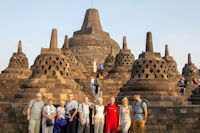 At Borobudur: Steve & Julie Spooner, Linda and Martin, Paul & Margaret Whiteley, tourist, Emily & Jamie Searson