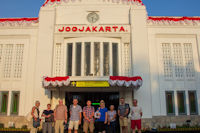 06:19 at Yogyakarta railway station: Margaret Whiteley, Julie & Steve Spooner, Martin, Paul Whiteley, Emily Searson, Linda, Jamie Searson, tourist