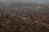 From the Tembo deck at 350m: Ryogoku, Kuramae and Umaya Bridges at dusk