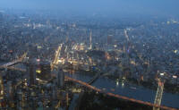 From the Tembo deck at 350m: Komagata, Tobu Skytree line rail, and Kototoi Bridges at dusk