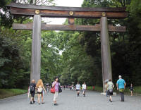 Torii at entrance to the shrine, and guide Tomoko Okamoto