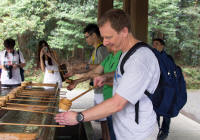 Tourist purifying at shrine: left hand
