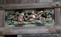 Hear no evil, speak no evil, see no evil monkeys, on shinkyusha (sacred stable) at Tosho-gu shrine