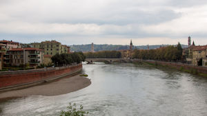 The Adige river to the north-east from the Castelvecchio bridge