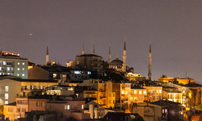 The Blue Mosque at night from the restaurant of the Hotel Grand Yavuz