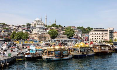 Waterfront west of the Galata bridge with Rustem Pasha Mosque (in middle distance) with the Suleymaniye Mosque behind