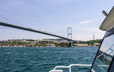 The Çamlıca mosque, southern end of the Bosphorus Bridge, and the Çamlıca TV tower